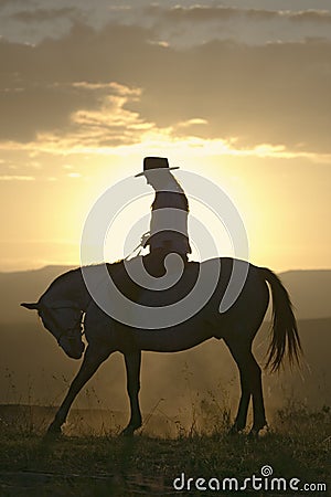 Female horseback rider and horse ride to overlook at Lewa Wildlife Conservancy in North Kenya, Africa at sunset Editorial Stock Photo