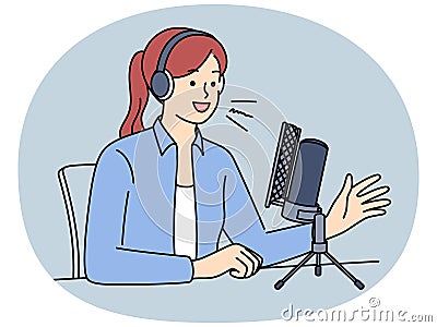 Female host in headset speak in microphone Vector Illustration