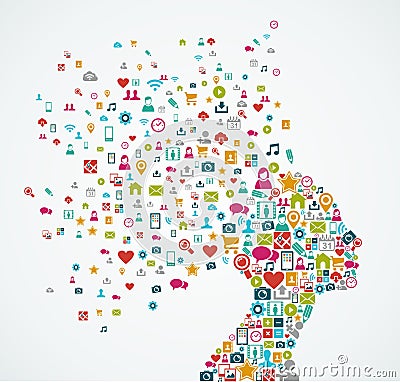 Female human head shape with social media icons de Vector Illustration