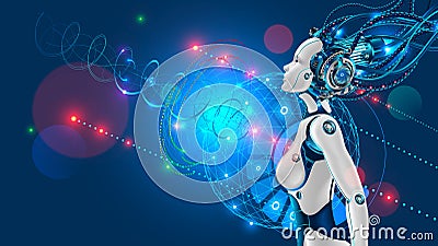 Robot woman or cyborg with artificial intelligence sideways. AI Vector Illustration