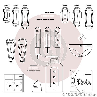 Female hygiene products. Gaskets, tampons, menstrual bowl and briefs. Isolated flat icons and objects Stock Photo