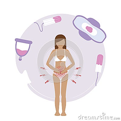 female hygiene products menstruation woman with pain Vector Illustration