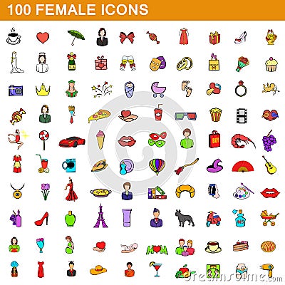 100 female icons set, cartoon style Vector Illustration