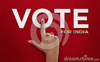 Female Indian Voter Hand with voting sign or ink pointing vote for India on red background with copy space election commission of Stock Photo