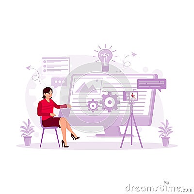 Female influencer vlogging online with a smartphone camera and laptop. Content Writer concept. Vector Illustration