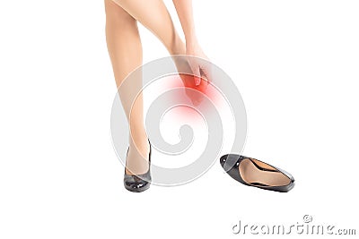 Female injured and rubbed toes by high heels tight shoes, isolated on white, close up Stock Photo