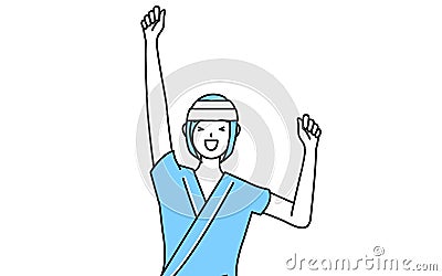 Female inpatient wearing hospital gown and bandage on head smiling and jumping Stock Photo