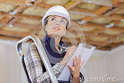 female inspector with clipboard inside renovation property Stock Photo