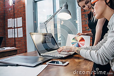 Female interior designer working with a customer watching pictures using laptop sitting at modern studio Stock Photo