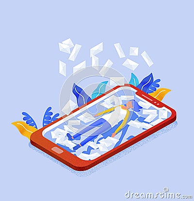 Female internet user lying on screen of giant mobile phone and letters in envelopes falling on her. Spam, unwanted or Vector Illustration