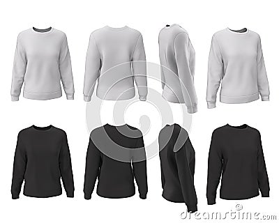 Female isolated sweatshirt in black and white color. 3d realistic mock up of clothes. Front, back, side views Stock Photo