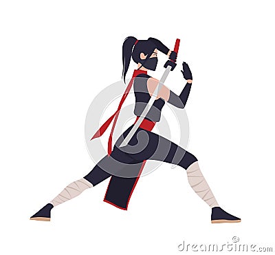 Female Japanese warrior, ninja or samurai. Brave woman standing in fighting stance and holding katana sword isolated on Vector Illustration