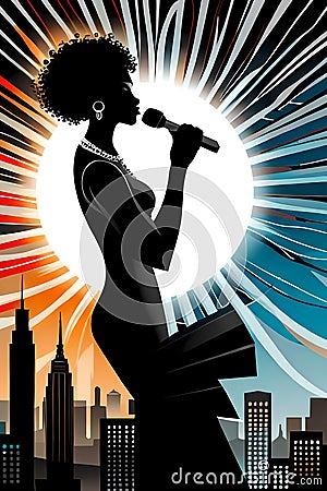 Female Jazz Singer and City Slyline Cartoon Illustration