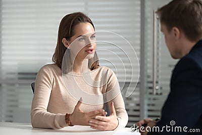 Female job applicant manager talk to hr at interview meeting Stock Photo