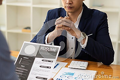 Female job seeker ready for successful interview HR congratulations on hiring welcome to work And is giving the advice to recommen Stock Photo