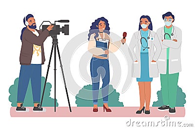 Female journalist, cameraman interviewing medical doctors in face masks, flat vector illustration. Vector Illustration