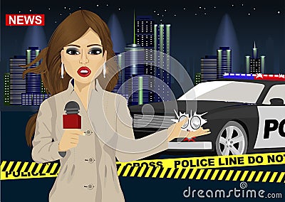 Female journalist reports news about accident in front of police car Vector Illustration