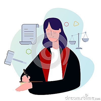 Female judge professional lawyer legislation character person career with hammer gavel justice equality symbol Vector Illustration