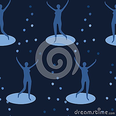 Female juggler figure throwing balls into air. Seamless pattern background. Concept of joy, balancing act, juggling life Stock Photo