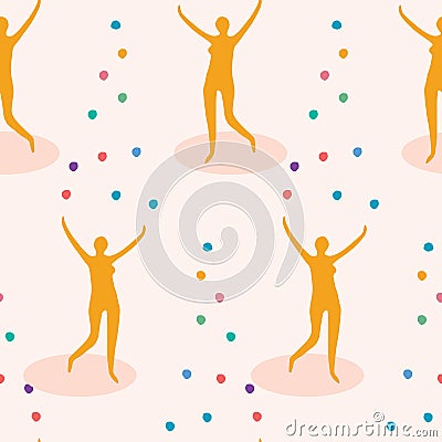 Female juggler figure throwing rainbow color balls into air. Seamless pattern background. Concept of joy, balancing act, Stock Photo