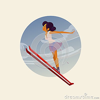 Female jumping On the Ski - vector Cartoon Illustration