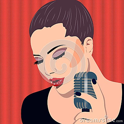 Female karaoke singer with microphone in the hand, vector art banner Vector Illustration