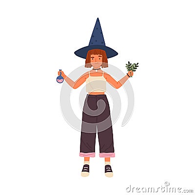 Female kid wizard holding beaker and herbs for preparing magic potion vector flat illustration. Cute girl in witch hat Vector Illustration