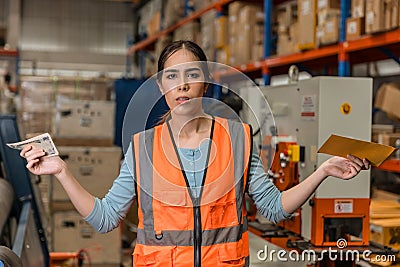 Female labor engineer showing dissatisfaction with salary received. employee industry worker unhappy less bonus cash pay Stock Photo