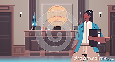 female lawyer holding judge book legal law advice justice concept court interior Vector Illustration