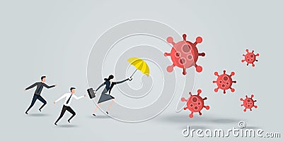 Female Leader Protect His Team, a Business Woman With Yellow Umbrella Defense Coronavirus 2019 or Covid-19, Business Concept of Vector Illustration