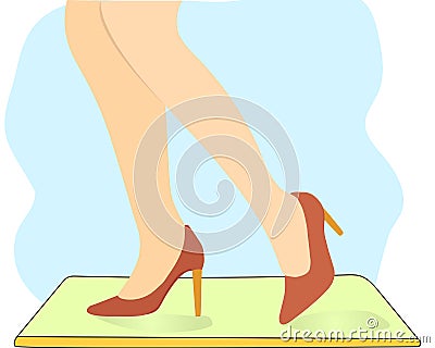 Side view of women legs wearing high heels, peep-toe, lady shoes. A woman walking wearing footwear Vector Illustration