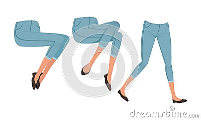 Female Legs in Denim Breeches and Shoes in Various Poses Set, Girl Character Creation Detail Cartoon Vector Illustration Vector Illustration