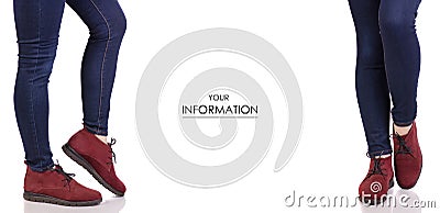 Female legs in jeans and in red suede shoes fashion beauty shop buy set pattern Stock Photo