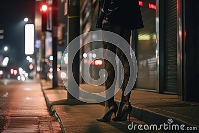 female legs near the club on the night street in the light of lanterns Generative AI Stock Photo