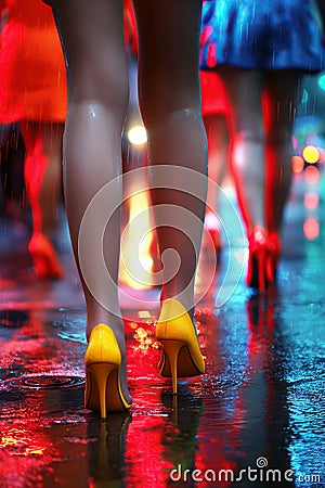 female legs of prostitute girls in miniskirts and high heels at night on street Stock Photo