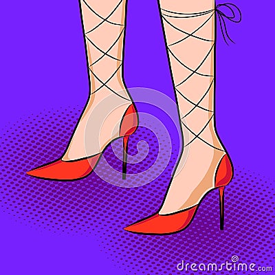 Female legs in red high heels, woman legs in shoes retro pop art vector illustration eps10 Vector Illustration