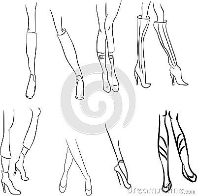 Female legs set. Sexually young femininity logotype, outline attractive Vector Illustration