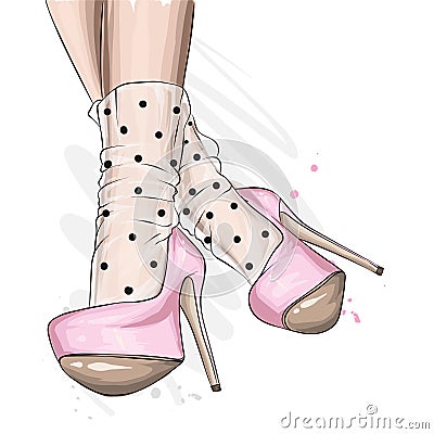 Female legs in stylish shoes with heels and lace socks. Fashion and style, clothing and accessories. Footwear. Vector illustration Vector Illustration