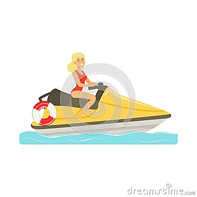 Female lifeguard in a red swimsuit driving by water motorcycle, rescuer professional vector Illustration Vector Illustration