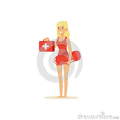 Female lifeguard in a red swimsuit standing with life preserver buoy and first aid kit, rescuer professional vector Vector Illustration