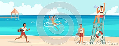 Female lifeguard saving a drowner Vector Illustration