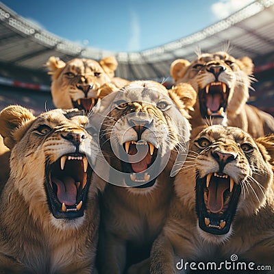 Female lionesses in a sports football soccer stadium roaring Stock Photo