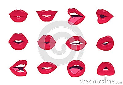Female lips. Cartoon sexy woman smile, open closed and smiley mouth, red lips isolated on white. Vector lips kiss Vector Illustration
