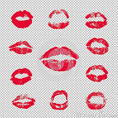 Female Lips Lipstick Kiss Print Set Transparent background Vector Illustration