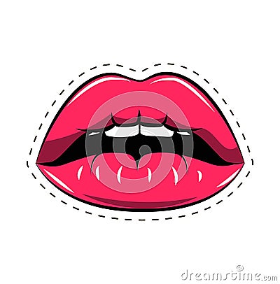 Female lips. Mouth with a kiss, smile, tongue, teeth. Vector comic illustration in pop art retro style isolated on white Vector Illustration