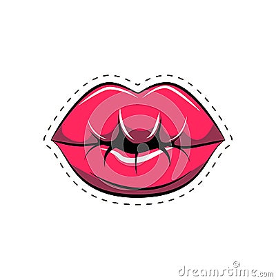 Female lips. Mouth with a kiss, smile, tongue, teeth. Vector comic illustration in pop art retro style isolated on white Vector Illustration