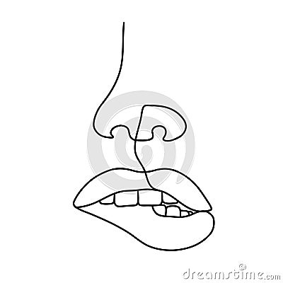 Female lips and nose in one line drawing style. Woman biting her lip. Mouth silhouette. Permanent or tattoo make up Vector Illustration