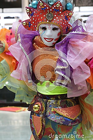 Female in a luxurious costume wearing colorful clothes and a decorative mask Stock Photo