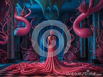 A female mage summons a giant creature. Fairytale colorful landscape Stock Photo