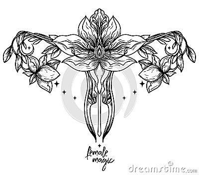 `Female magic` poster with symbol of uterus and lotus flowers Vector Illustration